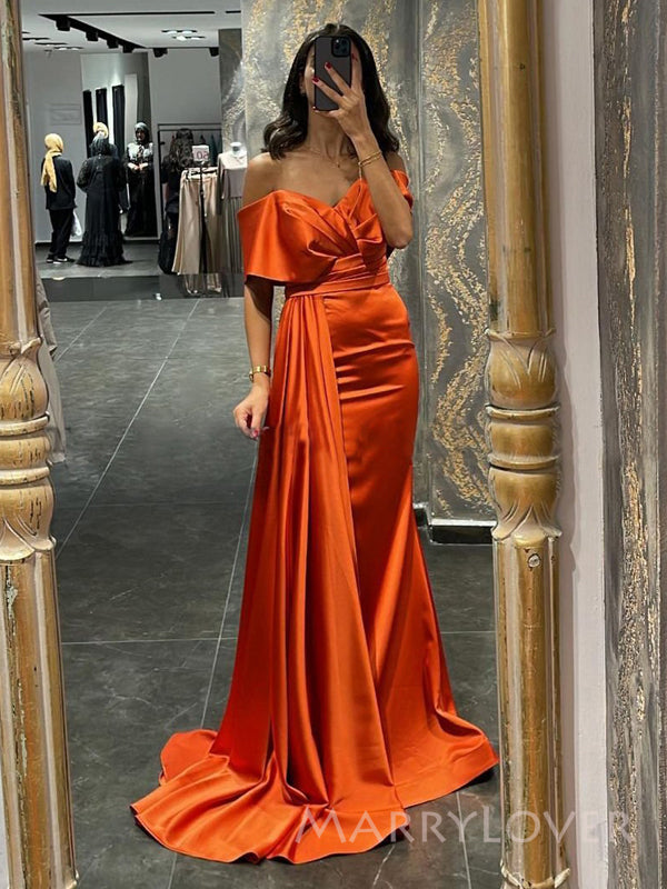 Off Shoulder Orange Satin Mermaid Long Evening Prom Dresses, Custom Prom Dress, MR8813