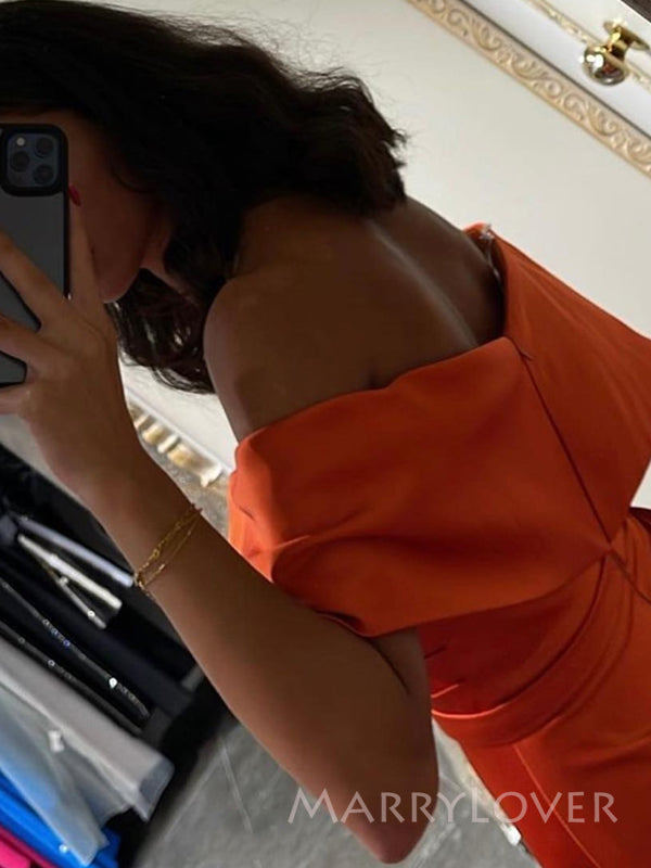 Off Shoulder Orange Satin Mermaid Long Evening Prom Dresses, Custom Prom Dress, MR8813