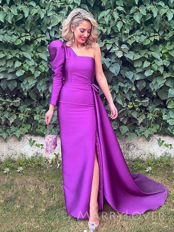 Long Sleeves Purple Satin Mermaid Long Evening Prom Dresses, Custom One Shoulder Prom Dress, MR8814