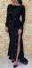 Black Sequins Mermaid Side Slit Long Evening Prom Dresses, Custom Long Sleeves Prom Dress, MR8815