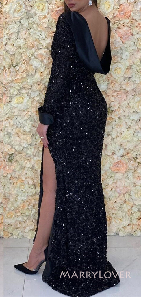Black Sequins Mermaid Side Slit Long Evening Prom Dresses, Custom Long Sleeves Prom Dress, MR8815
