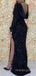Black Sequins Mermaid Side Slit Long Evening Prom Dresses, Custom Long Sleeves Prom Dress, MR8815