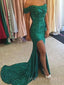 Emerald Green Sequins Mermaid Side Slit Long Evening Prom Dresses, Custom Off Shoulder Prom Dress, MR8816