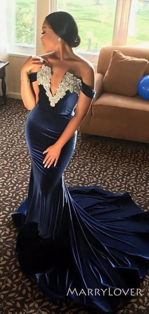 Mermaid Navy Blue Velvet Long Evening Prom Dresses, Custom Off Shoulder Prom Dress, MR8822