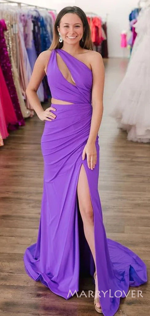 One Shoulder Purple Mermaid Long Evening Prom Dresses, Custom Side Slit Prom Dress, MR8823