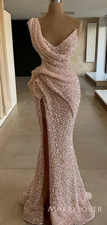 Mermaid One Shoulder Sequins Long Evening Prom Dresses, Custom Mermaid Formal V-neck Prom Dress, MR8824