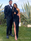 Black Satin Mermaid Halter Long Evening Prom Dresses, Custom Side Slit Prom Dress, MR8825