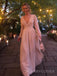 Deep V-neck A-line Long Sleeves Pink Chiffon Long Evening Prom Dresses, Custom Cheap Prom Dress, MR8830