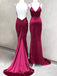 Mermaid Burgundy Satin Spaghetti Straps Long Evening Prom Dresses, Custom V-neck Prom Dress, MR8834