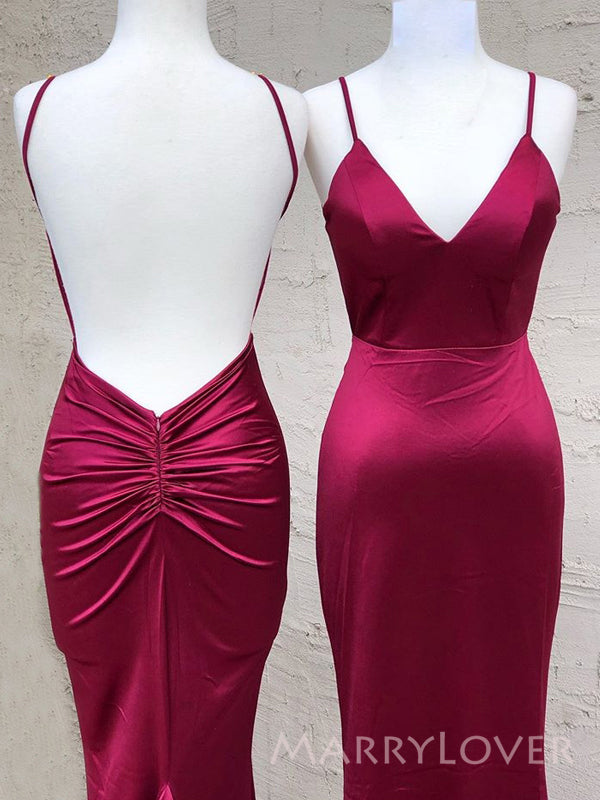 Mermaid Burgundy Satin Spaghetti Straps Long Evening Prom Dresses, Custom V-neck Prom Dress, MR8834