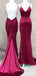 Mermaid Burgundy Satin Spaghetti Straps Long Evening Prom Dresses, Custom V-neck Prom Dress, MR8834