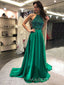 Halter A-line Emerald Satin Beaded Long Evening Prom Dresses, Custom Sparkly Prom Dress, MR8836