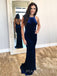 Mermaid Navy Blue Velvet Long Evening Prom Dresses, Cheap Custom Backless Prom Dress, MR8837