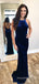 Mermaid Navy Blue Velvet Long Evening Prom Dresses, Cheap Custom Backless Prom Dress, MR8837