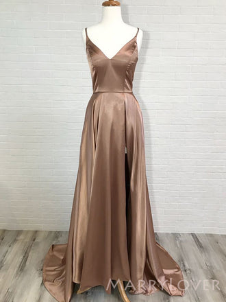 A-line Brown Satin Side Slit Long Evening Prom Dresses, Custom V-neck Prom Dress, MR8839