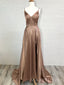 A-line Brown Satin Side Slit Long Evening Prom Dresses, Custom V-neck Prom Dress, MR8839
