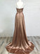 A-line Brown Satin Side Slit Long Evening Prom Dresses, Custom V-neck Prom Dress, MR8839
