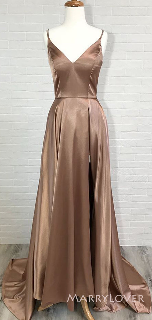 A-line Brown Satin Side Slit Long Evening Prom Dresses, Custom V-neck Prom Dress, MR8839