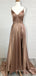 A-line Brown Satin Side Slit Long Evening Prom Dresses, Custom V-neck Prom Dress, MR8839