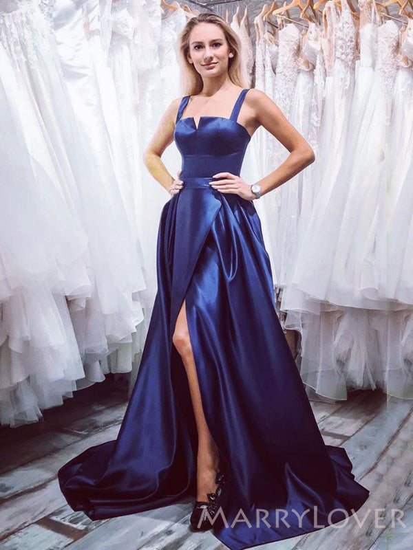 Royal Blue Satin Side Slit Long Evening Prom Dresses, Custom A-line Prom Dress, MR8845