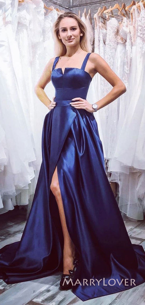 Royal Blue Satin Side Slit Long Evening Prom Dresses, Custom A-line Prom Dress, MR8845