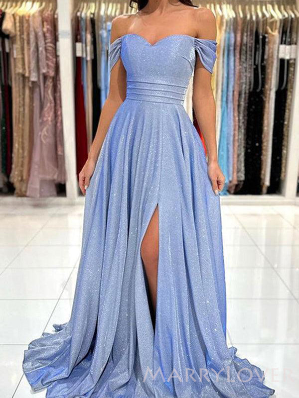 Off Shoulder Blue Sparkly A-line Long Evening Prom Dresses, Custom Sweetheart Prom Dress, MR8846