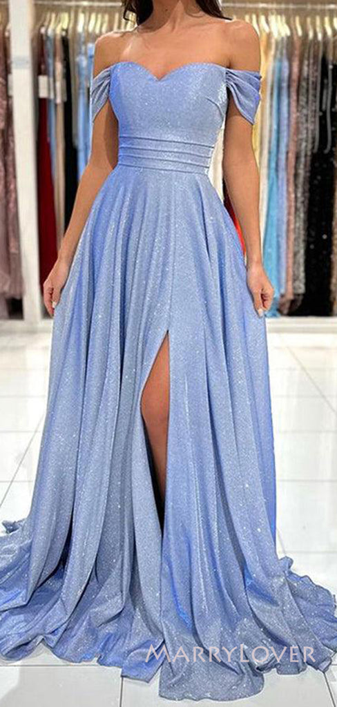 Off Shoulder Blue Sparkly A-line Long Evening Prom Dresses, Custom Sweetheart Prom Dress, MR8846