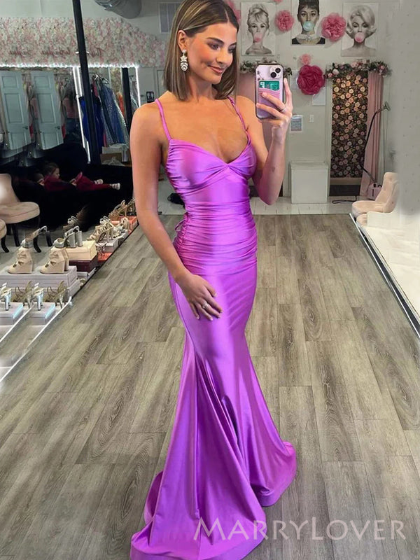 Sexy Spaghetti Straps Purple Satin Mermaid Long Evening Prom Dresses, Cheap Custom Prom Dress, MR8847