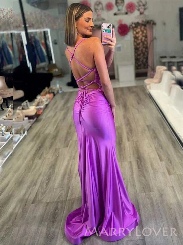 Sexy Spaghetti Straps Purple Satin Mermaid Long Evening Prom Dresses, Cheap Custom Prom Dress, MR8847