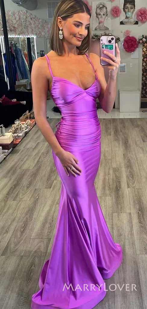 Sexy Spaghetti Straps Purple Satin Mermaid Long Evening Prom Dresses, Cheap Custom Prom Dress, MR8847