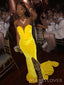 Sweetheart Yellow Velvet Mermaid Long Evening Prom Dresses, Cheap Strapless Custom Prom Dress, MR8849