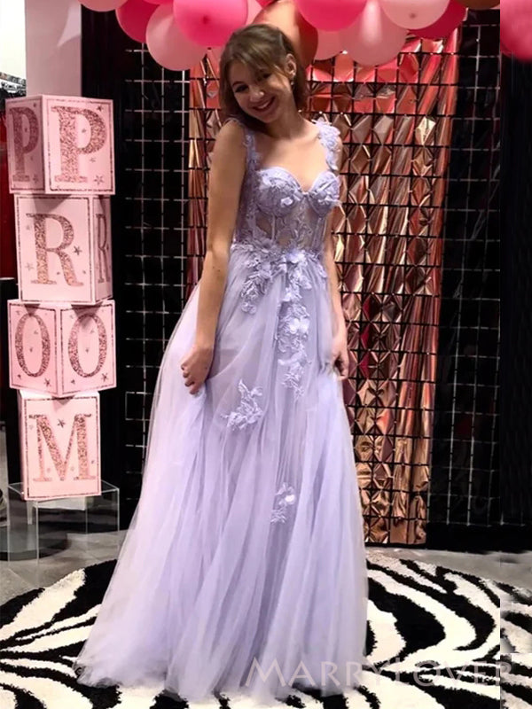 A-line Purple Tulle Appliques Long Evening Prom Dresses, Cheap Sweetheart Custom Prom Dress, MR8851