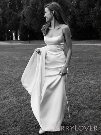Formal White Satin Mermaid Long Evening Prom Dresses, Cheap Spaghetti Straps Wedding Dress, MR8853