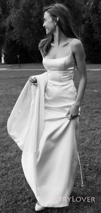 Formal White Satin Mermaid Long Evening Prom Dresses, Cheap Spaghetti Straps Wedding Dress, MR8853