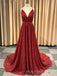 A-line Dark Red Sparkly Spaghetti Straps Long Evening Prom Dresses, Cheap Custom V-neck Prom Dress, MR8854