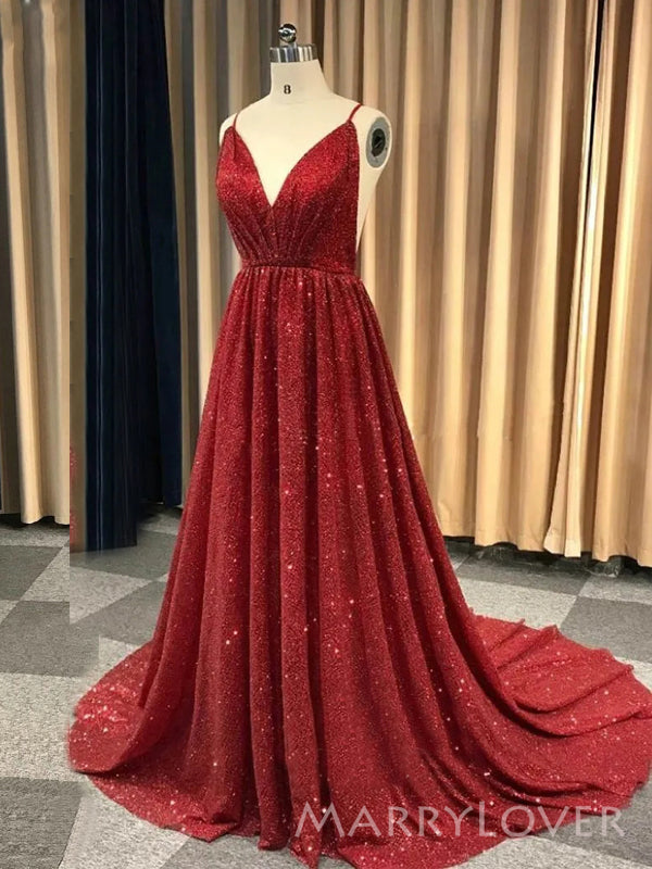 A-line Dark Red Sparkly Spaghetti Straps Long Evening Prom Dresses, Cheap Custom V-neck Prom Dress, MR8854