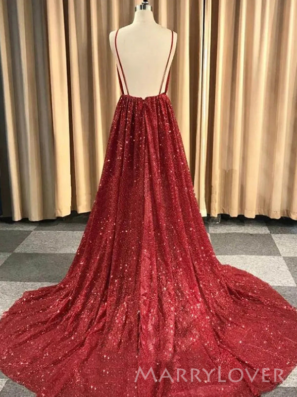 A-line Dark Red Sparkly Spaghetti Straps Long Evening Prom Dresses, Cheap Custom V-neck Prom Dress, MR8854