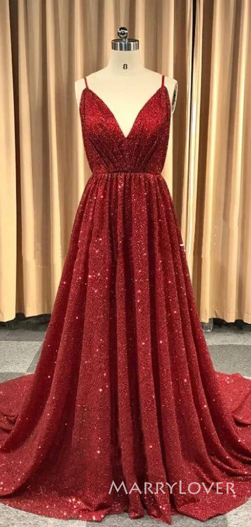 A-line Dark Red Sparkly Spaghetti Straps Long Evening Prom Dresses, Cheap Custom V-neck Prom Dress, MR8854