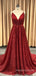 A-line Dark Red Sparkly Spaghetti Straps Long Evening Prom Dresses, Cheap Custom V-neck Prom Dress, MR8854