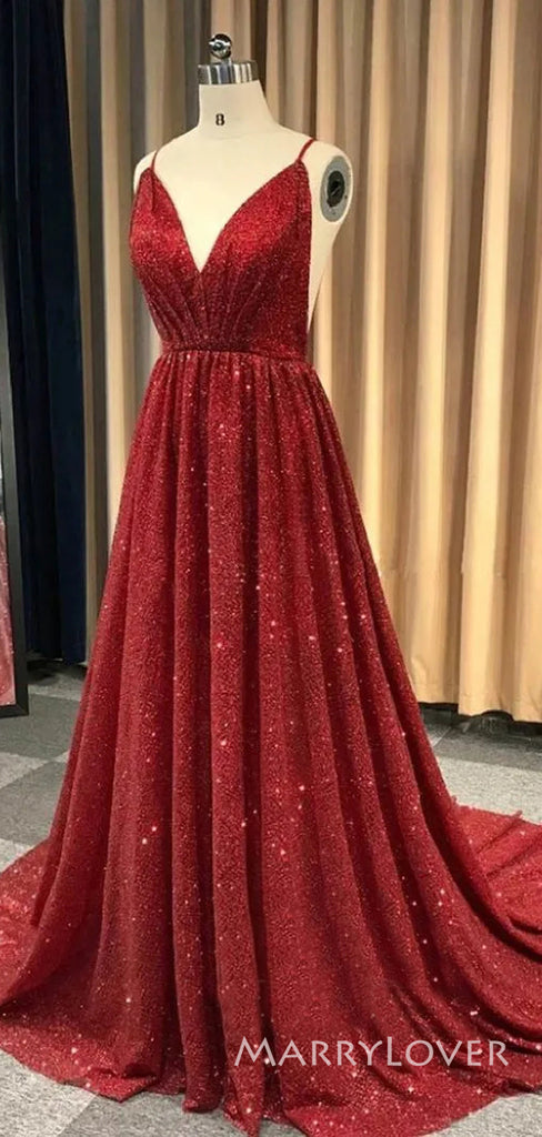 A-line Dark Red Sparkly Spaghetti Straps Long Evening Prom Dresses, Cheap Custom V-neck Prom Dress, MR8854