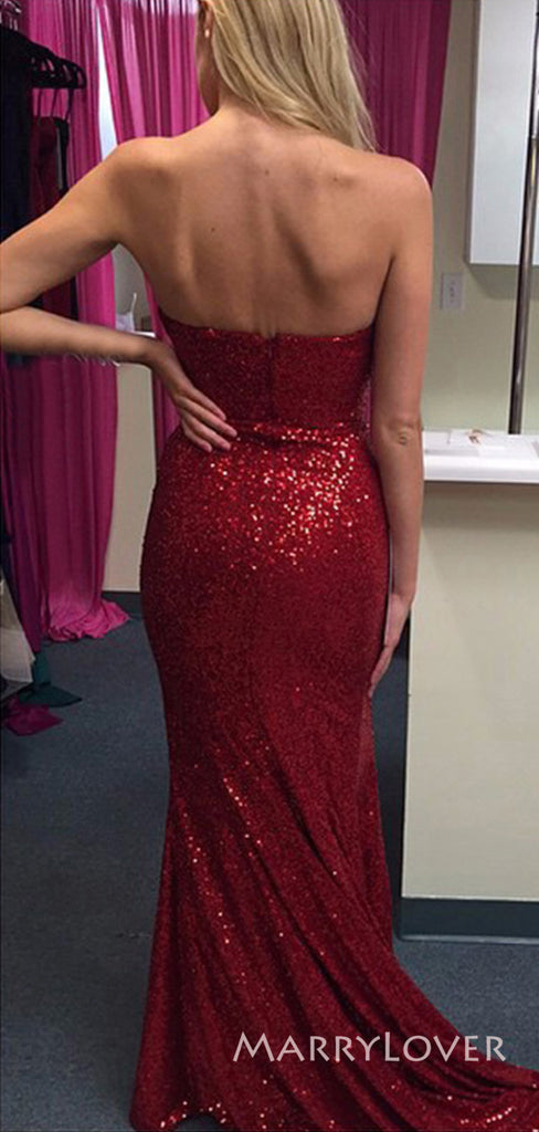 Sweetheart Dark Red Sequins Mermaid Long Evening Prom Dresses, Cheap Strapless Prom Dress, MR8855