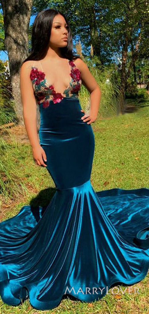 Deep V-neck Blue Velvet Appliques Mermaid Long Evening Prom Dresses, Cheap Prom Dress, MR8856