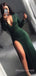Deep V-neck Dark Green Mermaid Long Evening Prom Dresses, Cheap Long Sleeves Prom Dress, MR8859