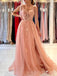 A-line Peach Tulle Appliques Long Evening Prom Dresses, Cheap Side Slit Prom Dress, MR8861
