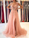 A-line Peach Tulle Appliques Long Evening Prom Dresses, Cheap Side Slit Prom Dress, MR8861