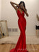 Red Satin Mermaid Spaghetti Straps Long Evening Prom Dresses, Side Slit Cheap Prom Dress, MR8864