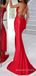 Red Satin Mermaid Spaghetti Straps Long Evening Prom Dresses, Side Slit Cheap Prom Dress, MR8864