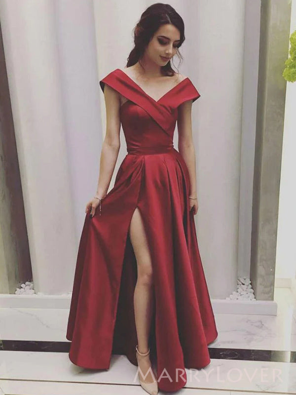 Dark Red Satin Off Shoulder Long Evening Prom Dresses, A-line Side Slit Custom Prom Dress, MR8869