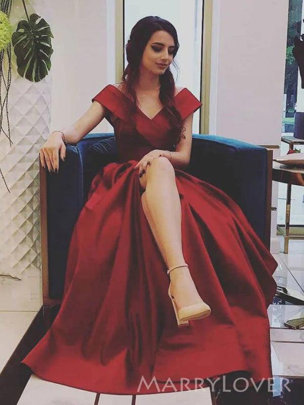 Dark Red Satin Off Shoulder Long Evening Prom Dresses, A-line Side Slit Custom Prom Dress, MR8869