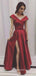 Dark Red Satin Off Shoulder Long Evening Prom Dresses, A-line Side Slit Custom Prom Dress, MR8869